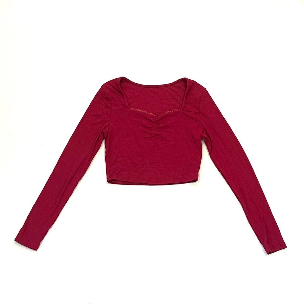 cropped red long sleeve top w/ lace detailing and square neck